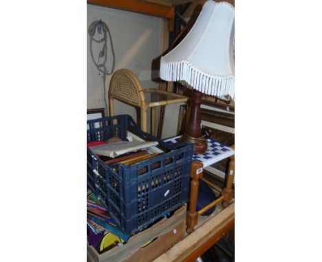 An Assorted Lot to Include a wicker headboard, mahogany table lamp, oil on canvas, plant shelf, kitchen stool, prints, Krups 