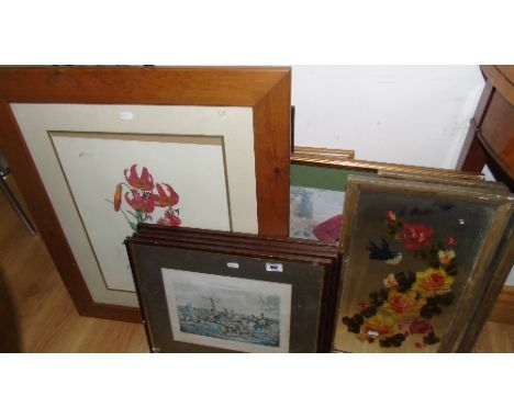 A Pair of Victorian Painted Mirrored Panels, hand painted with bluebirds & flowers, along with four Alken hunting prints and 