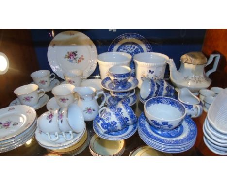 A Complete 21-Piece Woods Old Willow Pattern Tea Set, together with a further 21-Piece Continental Tea Set, Two Aynsley Jardi