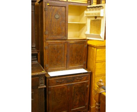 A LUSTY MAIDSAVER VINTAGE OAK KITCHEN CABINET having six cupboard doors, single frieze drawer and enamel pull-out work surfac