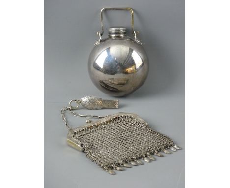 A GLOBULAR PLATED DRINKS FLASK and a chainmail lady's purse with belt clip, the flask having a simple swing handle on decorat