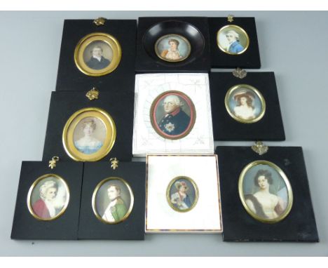 A COLLECTION OF 19th CENTURY & LATER HANDPAINTED PORTRAIT MINIATURES, ten in all, mostly head and shoulder studies of various