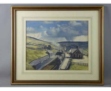 CHRISTOPHER DAVID HOLLAND GRA gouache - Britannia Pacific steam engine 70053 'Moray Firth' awaiting departure from the platfo