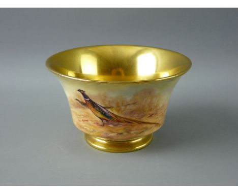 A HAND PAINTED BOWL BY LEIGHTON MAYBURY (ex Royal Worcester), pheasants in a landscape setting with artist's signature, gilt 