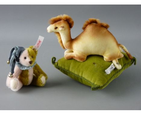 A STEIFF HARLEQUIN BEAR & CAMEL ON CUSHION with certificates, no. 35 and 03278 respectively