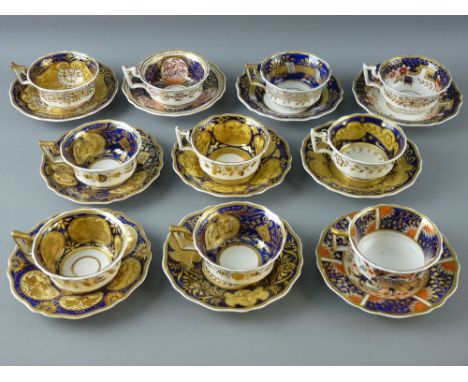 TEN PROBABLY RIDGWAYS CABINET CUPS & SAUCERS, early 19th Century in various gilt cobalt and Imari palettes, Old English shape