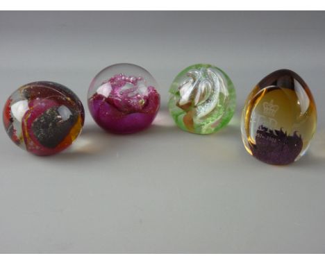 FOUR PAPERWEIGHTS by Caithness and Pauline Solven Cowdy titled 'Fireball', marked and number A13734, 'Fiesta' G63566, 'Golden