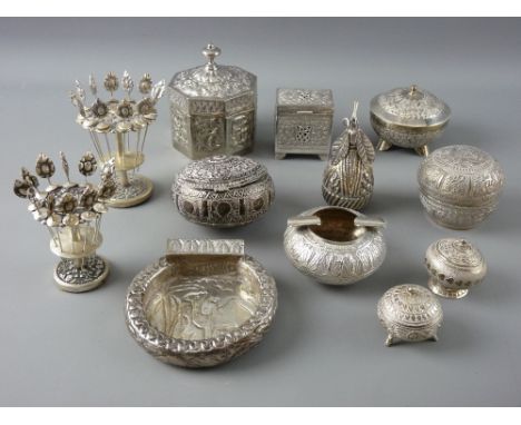 A QUANTITY OF EASTERN SILVER & WHITE METAL ITEMS including lidded pots and containers, two cocktail stick sets on stands and 