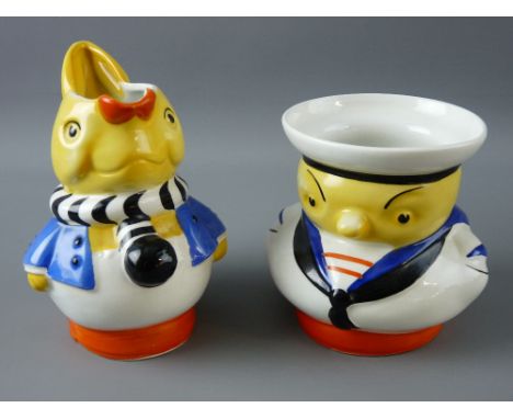 A MABEL LUCIE ATTWELL FOR SHELLEY NURSERY WARE PART TEASET comprising colourful rabbit milk jug and sailor boy chick sugar ba