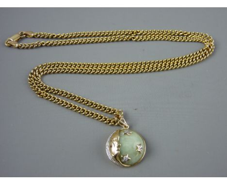 A NINE CARAT GOLD NECKLACE & PENDANT, set with a circular celadon jade stone with moon and star decoration, 27 cms total leng