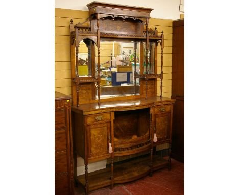 A LATE VICTORIAN/EARLY EDWARDIAN ELABORATE ROSEWOOD & INLAID MIRROR BACKED SIDEBOARD, the top section having a large centre b