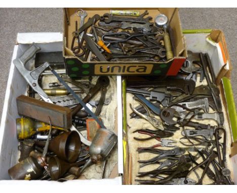 MOTORING INTEREST - a quantity of vintage maintenance and servicing equipment including wrenches, pliers, funnels and oil can