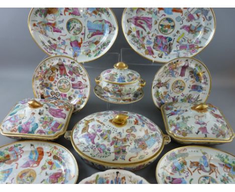 A FINE ASSEMBLAGE OF MATCHING EARLY TO MID 19th CENTURY ORIENTAL FAMILLE ROSE DINNERWARE, fifty five pieces including lids et