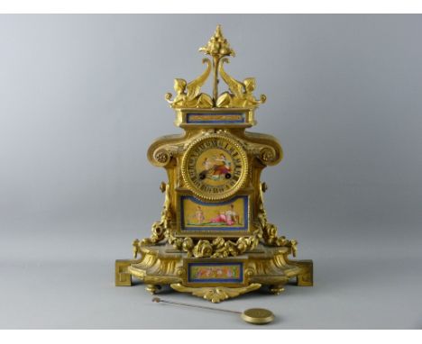 A 19th CENTURY GILT ORMOLU & PORCELAIN PANEL MANTEL CLOCK having a pendulum drive Japy Freres bell striking movement, the pai