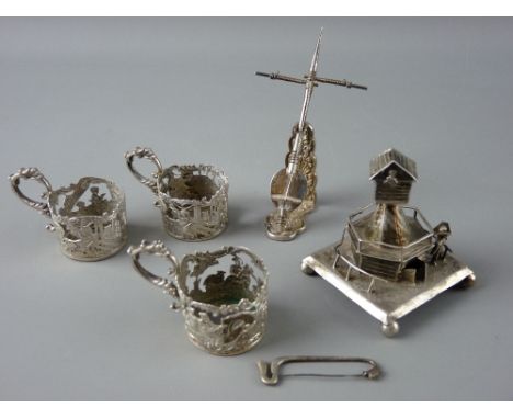 A GROUP OF SMALL SILVER including three small cup holders, stamped '800', a novelty instrument on stand, the stand marked '80