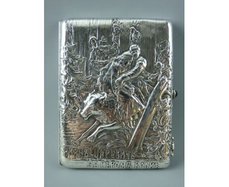 A RUSSIAN SILVER CIGARETTE CASE, circa 1900 with cabochon green stone thumb push, the front embossed with a young couple ridi