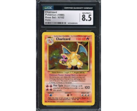 The Pokémon TCG - CGC 8.5 NM/MINT+ Charizard 1999 Base Set - Unlimited (4/102) Holo is a prized collectible that captures the