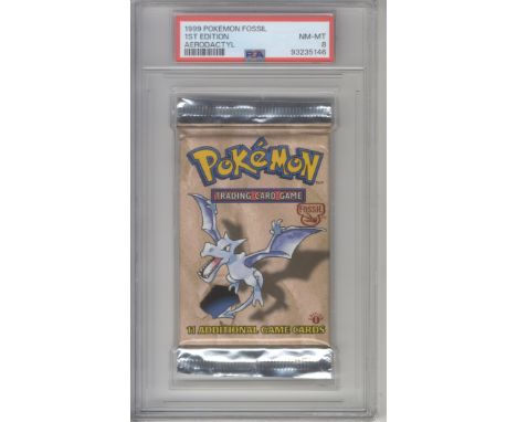 The Pokémon TCG - PSA 8 1st Edition Fossil Aerodactyl Booster Pack is a highly sought-after collectible from the Fossil expan
