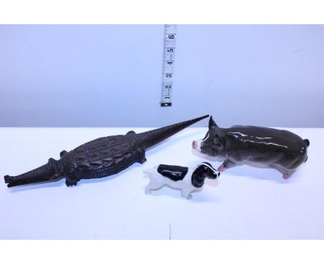 Two Beswick ceramic animal figures and a wooden crocodile 