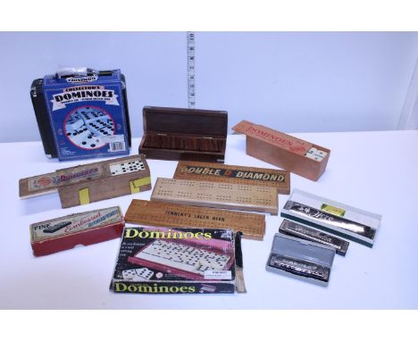 A job lot of assorted vintage Domino sets and other including harmonica's etc 
