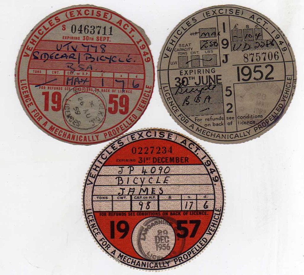 VINTAGE MOTORCYCLE TAX DISCS, 1952, 1957, 1959 (3)
