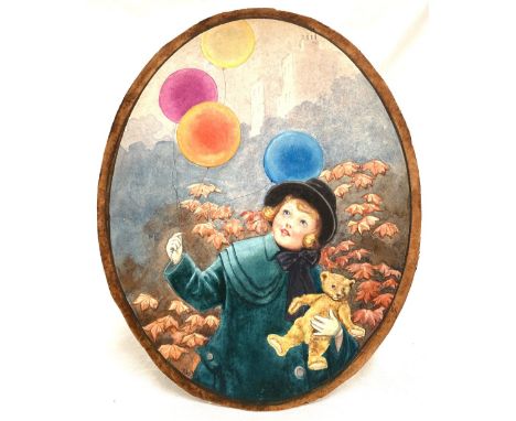 R AYRE (20th Century British) 1930's illustration of a girl with balloons and teddy bear. Oval Watercolour on board Signed Fu