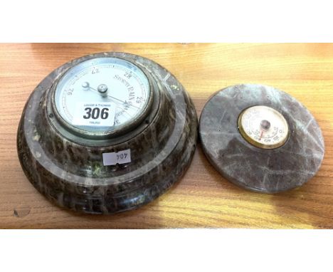 Cornish serpentine aneroid barometer, diameter 17cm; together with a thermometer
