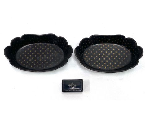 19th century papier mache oval lobed pair of trays with gilt painted stars; together with a papier mache black lacquer snuff 