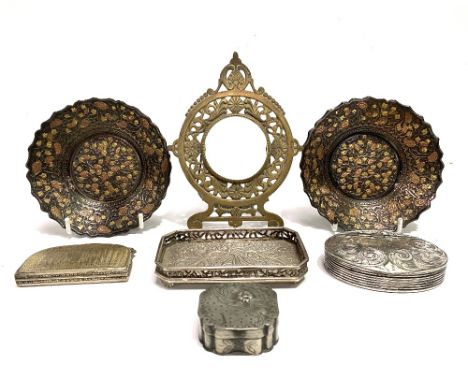 Miscellaneous metals, including a Chinese white metal rectangular pin tray embossed with a blossoming tree, an English brass 