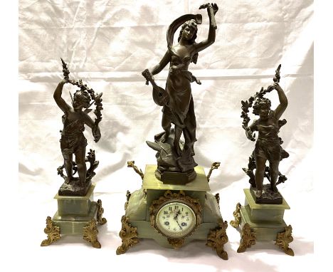 OF LEVANT MINE DISASTER INTEREST* A bronzed Spelter and green onyx clock garniture and with inscription 'PRESENTED TO CAPT B 