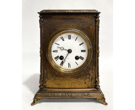 French two train mantel clock in 'Corniche' brass case, the 3.5in white enamel dial with Roman numerals, the French movement 