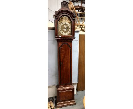 George III mahogany cased eight day long case clock, the arched 12in brass dial with silvered chapter ring with Roman numeral