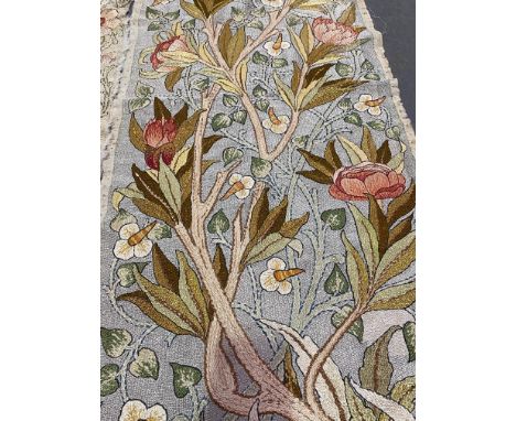 Antique silk embroidered, floral decorated panel, 125 x 45cm, another 120 x 45cm, a crewel work cushion cover decorated with 