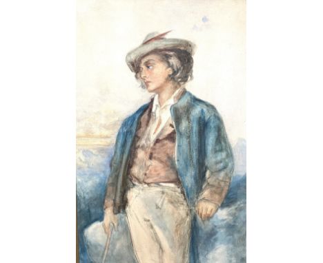 19th Century Continental School quarter length portrait of a pensive young man, a landscape beyond, watercolour, Indistinctly
