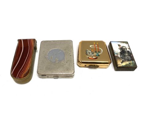 A French Art Deco nickel case compact by Sauze Freres, Paris; together with a banded agate mounted brass vesta case, a Stratt