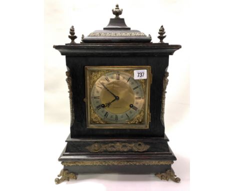 Oak cased three train bracket clock, the brass 5.5in square dial with silvered chaptering and signed J. WEARNE FALMOUTH, the 