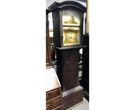 Unusual early 19th Century eight day long case clock, the 18in painted wood dial painted with Britannia and around the circul
