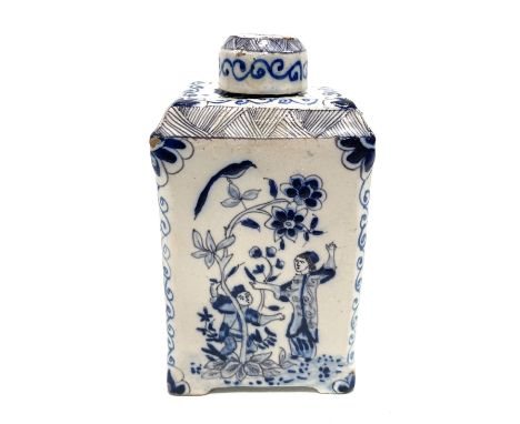 An 18th century Dutch blue and white Delft square section tea caddy, chinoiserie decorated, monogrammed HR to the base, heigh