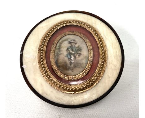 19th Century ivory and tortoiseshell lidded pot with inset miniature painting of a boy to the lid with gilded surrounds, diam