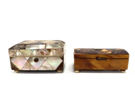 A mother of pearl rectangular hinge lidded box (af); together with a 19th century tortoiseshell rectangular hinge lidded box 