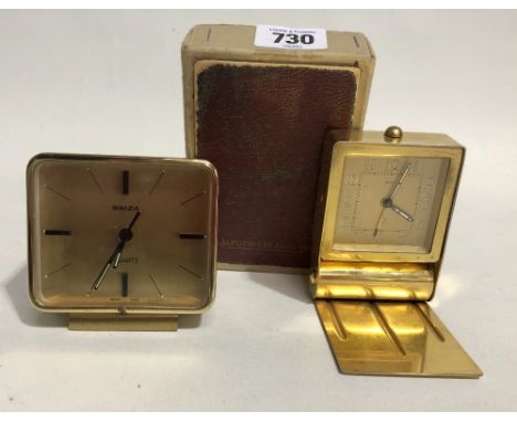 Jaeger Le Coultre two day alarm travel clock with brass dial and Arabic luminous hours and hands, within original box; togeth