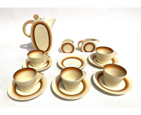 Clarice Cliff Bizarre 'The Biarritz' Royal Staffordshire part coffee set comprising coffee pot (spout AF), cream &amp; sugar 