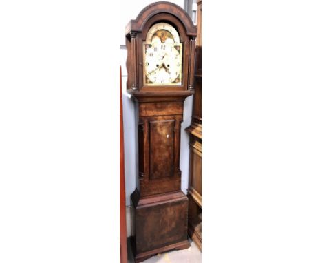 19th Century mahogany cased eight day long case clock, the cream painted 12in arched dial with subsidiary seconds, calendar a