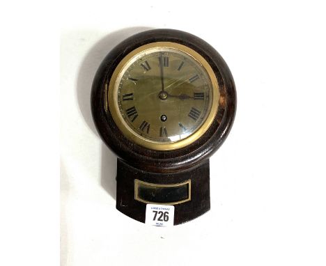Small oak cased drop dial single train wall clock, the 4in brass dial with Roman numerals within an oak case, the movement st