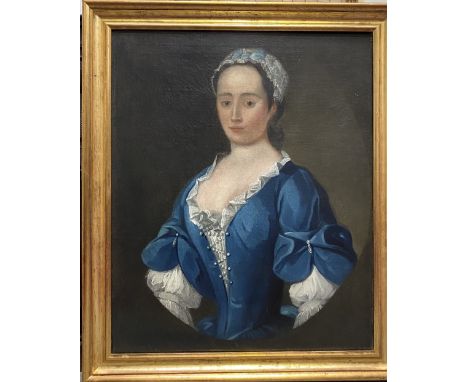 18th Century English School Portrait of a lady in a blue dress Oil on canvas 73 x 59.5cm