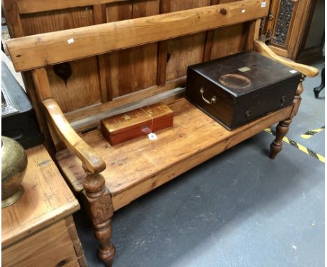 Victorian pine bench with turned forelegs, width 124cm.