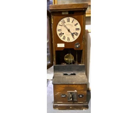 Early 20th Century oak cased clocking-in clock by The National Time Recorder Co Ltd, Blackfriars, London, height 99cm.