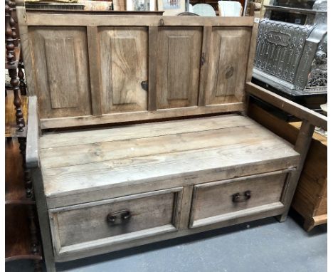 Pine bench with four fielded panel back, the seat with two drawers under, width 125cm.