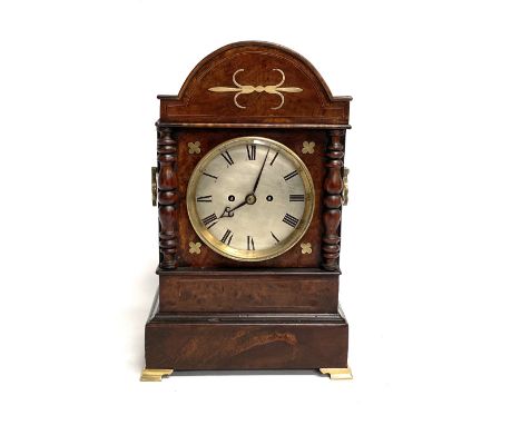 Regency style flame mahogany cased brass inlaid bracket clock with twin fusee movement, the 5in silvered dial with Roman nume