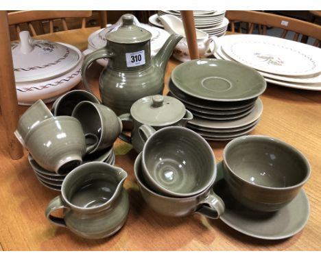 Crowan Pottery porcelain celadon glazed tea wares comprising coffee pot, lidded cream jug, sugar bowl, milk jug, set of four 